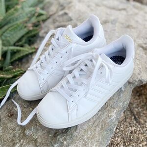 Adidas Grand Court 2.0 White/Gold Leather Sneakers (FIT LIKE A 7.5)